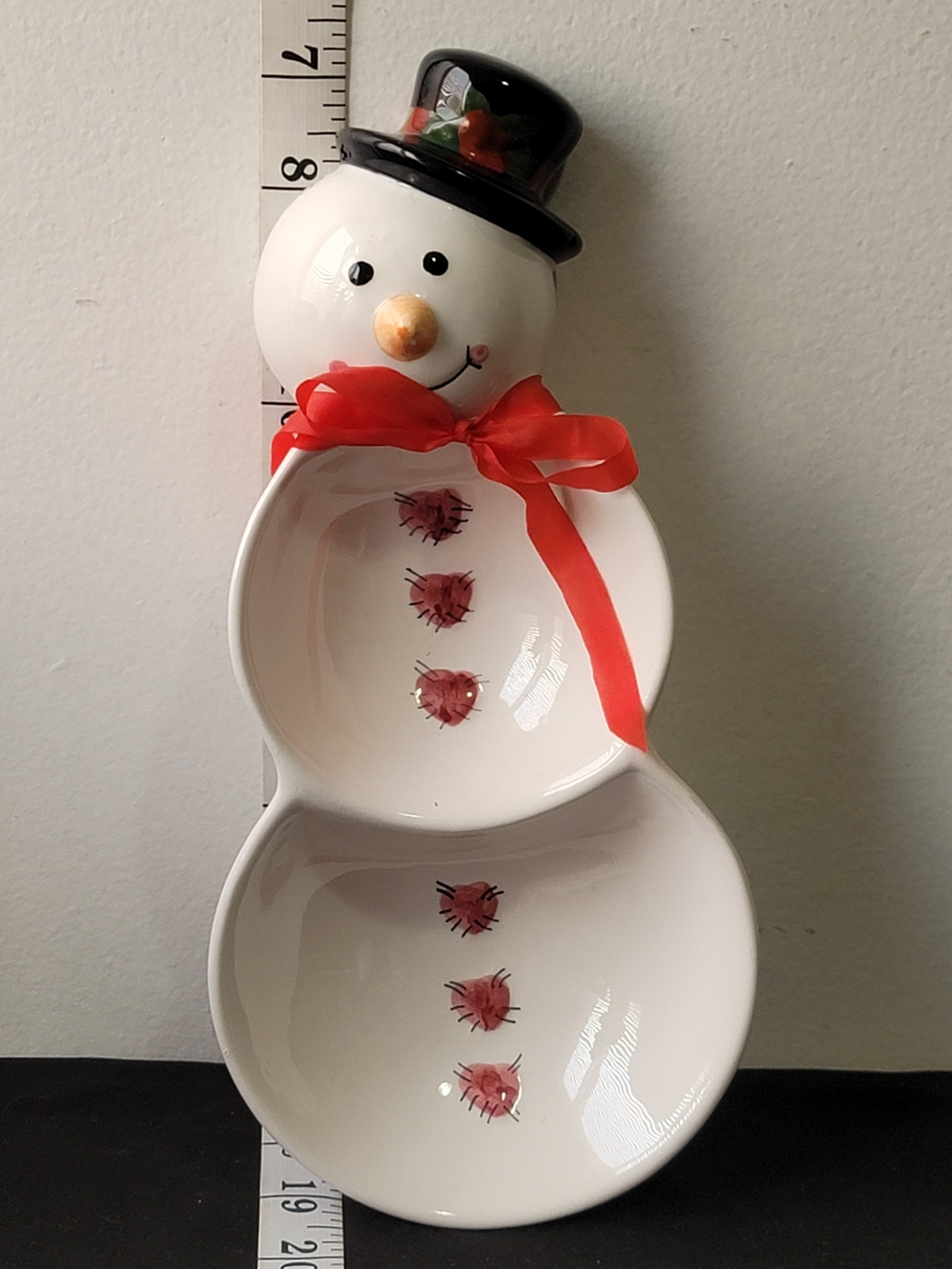 Holiday Snowman Double Dip Serving Dish - White with Red Bow